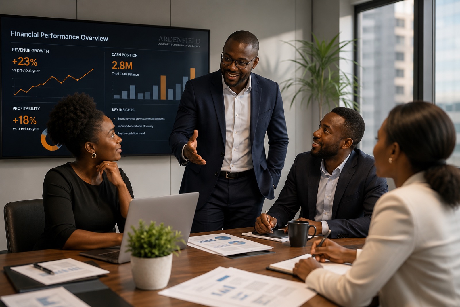 The Ardenfield team reviewing a client's financial performance dashboard